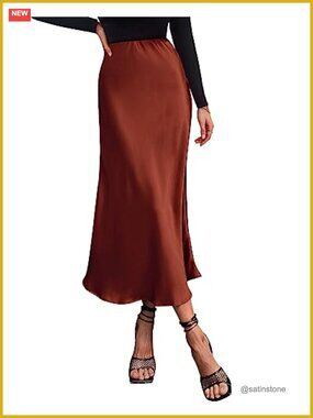 Women's Satin Midi Skirt High Waist Ruffle Hem Flowy Casual A-Line